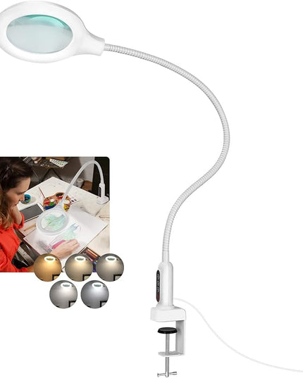 26" Gooseneck Magnifying Lamp with Clamp, 5 Color Modes Stepless Dimmable LED Desk Light with Magnifying Glass, 10X Real Glass Lighted Magnifier Hands Free for Painting Close Work Craft Hobby - LeafyLoom