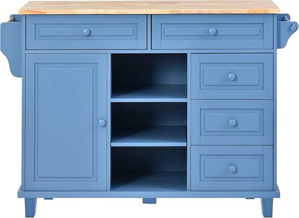 Rolling Kitchen Island Cart with Extended Table,Power Outlets, LED Lights & 2 Fluted Glass Doors, with a Storage Compartment Side 3 Open Shelves, for Dining Room House Bar - LeafyLoom