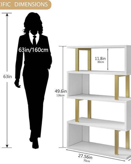 Bookshelf geometric bookcase S Shaped industrial bookshelf Storage Display Stand Shelf for Living Room Bedroom and office Room (White, 4 Tier) - LeafyLoom