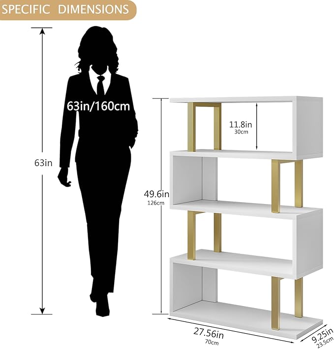 Bookshelf geometric bookcase S Shaped industrial bookshelf Storage Display Stand Shelf for Living Room Bedroom and office Room (White, 4 Tier) - LeafyLoom