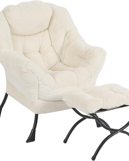 Lazy Chair with Ottoman, Modern Chair with Folding Footrest, Lounge Accent Chair, Comfortable Reading Chair for Bedroom, Study, Living Room, Courtyard (Plush Beige) - LeafyLoom