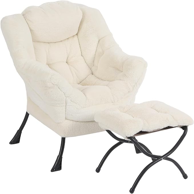 Lazy Chair with Ottoman, Modern Chair with Folding Footrest, Lounge Accent Chair, Comfortable Reading Chair for Bedroom, Study, Living Room, Courtyard (Plush Beige) - LeafyLoom