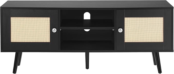 VEVOR Rattan TV Stand, Boho TV Cabinet for 55 inch TV, Mid Century Modern TV Stand, Rattan TV Console with Adjustable Shelfs for Living Room, Media Room, Black - LeafyLoom