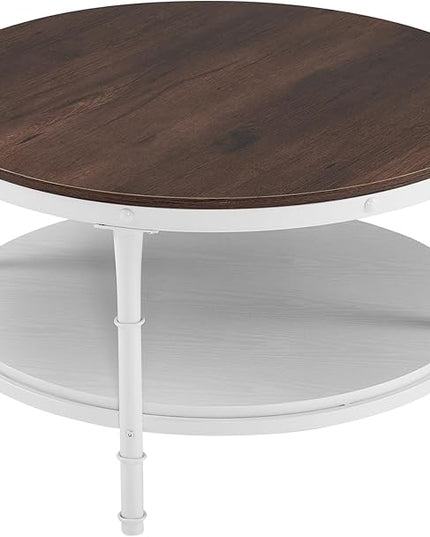 VINGLI 31.5" Rustic Oak White Wood Round Farmhouse Coffee Table, 2-Tier Storage Wood Center Circle Accent Table for Living Room, Bedroom, Apartment, Studio and Small Spaces, Sturdy Metal Frame - LeafyLoom