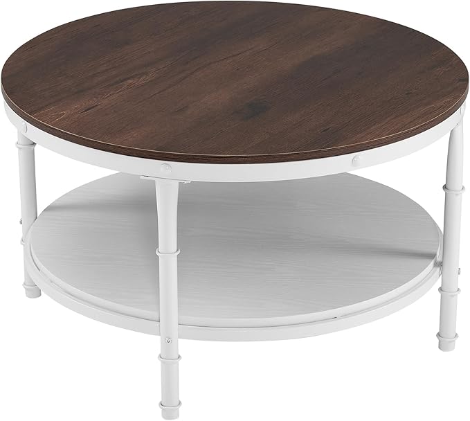 VINGLI 31.5" Rustic Oak White Wood Round Farmhouse Coffee Table, 2-Tier Storage Wood Center Circle Accent Table for Living Room, Bedroom, Apartment, Studio and Small Spaces, Sturdy Metal Frame - LeafyLoom