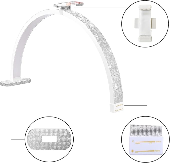 Half Moon Light for Nail Desk, 30'' Half Moon Lamp with Phone Holder, Large 40W Led Lash Light for Nails, Eyelash Extensions, Makeup, Tattoo, Spa, Desk Lamp for Nail Tech (White) - LeafyLoom