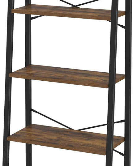 Ladder Shelf, Bookshelf Bookcase, Freestanding Corner Storage Shelve with 2 Hooks for Home Office, Living Room, Kitchen, Bedroom, Industrial, 5-Tier Rustic Brown BC19301B - LeafyLoom