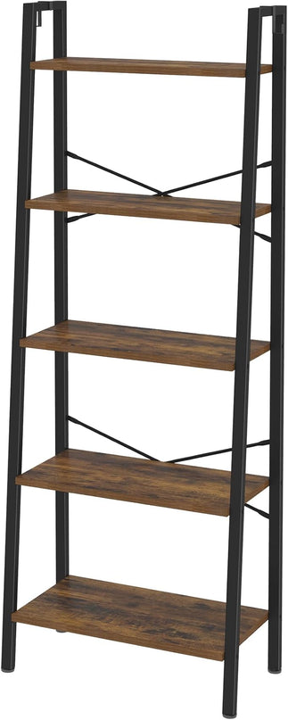 Ladder Shelf, Bookshelf Bookcase, Freestanding Corner Storage Shelve with 2 Hooks for Home Office, Living Room, Kitchen, Bedroom, Industrial, 5-Tier Rustic Brown BC19301B - LeafyLoom