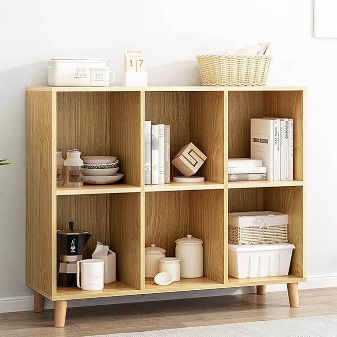 IOTXY Freestanding Open Cubes Bookcase - 2-Tier Floor Standing Wooden Storage Display Cabinet Organizer with Legs for Home Office, 6-Cubes Open Shelf Low Short Bookshelf, Oak - LeafyLoom