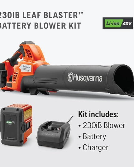 Husqvarna 230iB Battery Powered Cordless Leaf Blower, 136-MPH 650-CFM Electric Leaf Blower with Brushless Motor and Quiet Operation, 40V Lithium-Ion Battery and Charger Included - LeafyLoom