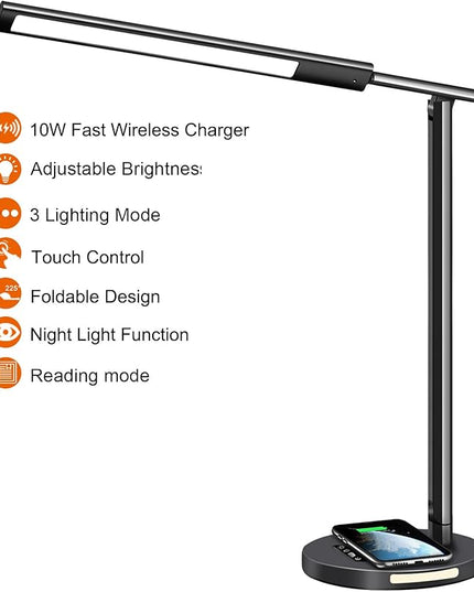 AFROG 8 in1 Multifunctional LED Desk Lamp with 10W Fast Wireless Charger,USB Charging Port, Night Light, 1200Lux Super Bright, 3 Lighting Mode, 5 Brightness,30/60 Min Timer, 12W Office Table Lamp - LeafyLoom