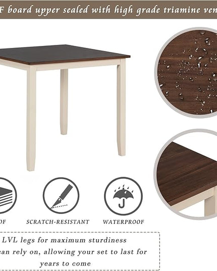 RITSU 5 Piece Set Industrial Wooden 4 Chairs, with High-density Foam Burlap Upholstered Cushions for Dining, Living Room, and Kitchen, Easy to Assemble, Dinning table for 5, Brown+cottage White - LeafyLoom