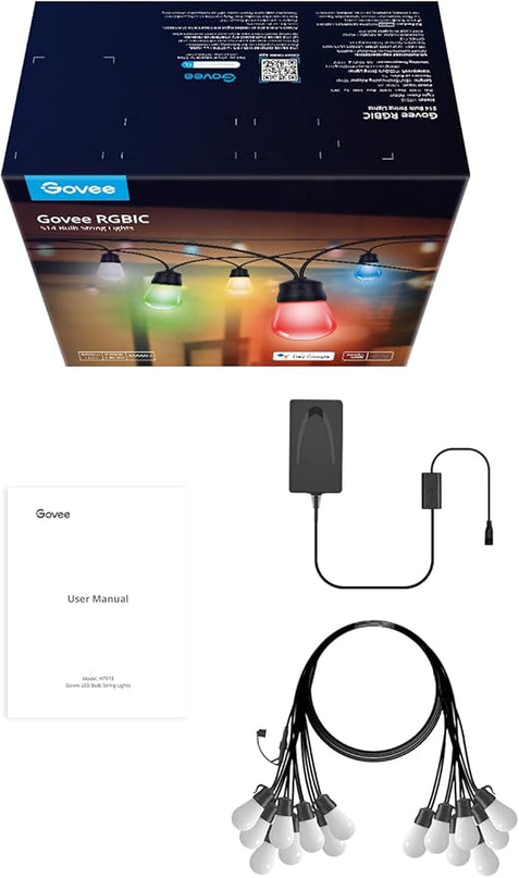 Govee Smart Outdoor String Lights H7015, 48ft RGBIC Outdoor Lights with 15 Dimmable LED Bulbs, IP65 Waterproof, Color Changing Warm White Lights with 47 Scene Modes for Patio, Backyard, App Control Govee