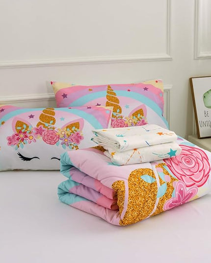 NTBED Unicorn Twin Comforter Set with Sheets,5 Pieces Kids Bedding Sets for Girls, Lightweight Microfiber Star Rainbow Bed in a Bag - LeafyLoom