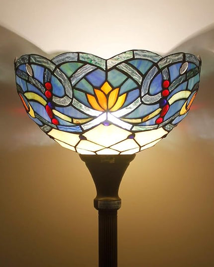 WERFACTORY Tiffany Floor Lamp Blue Lotus Flower Stained Glass Light 12X12X66 Inches Pole Torchiere Standing Corner Torch Uplight Decor Bedroom Living Room Home Office S220 Series - LeafyLoom