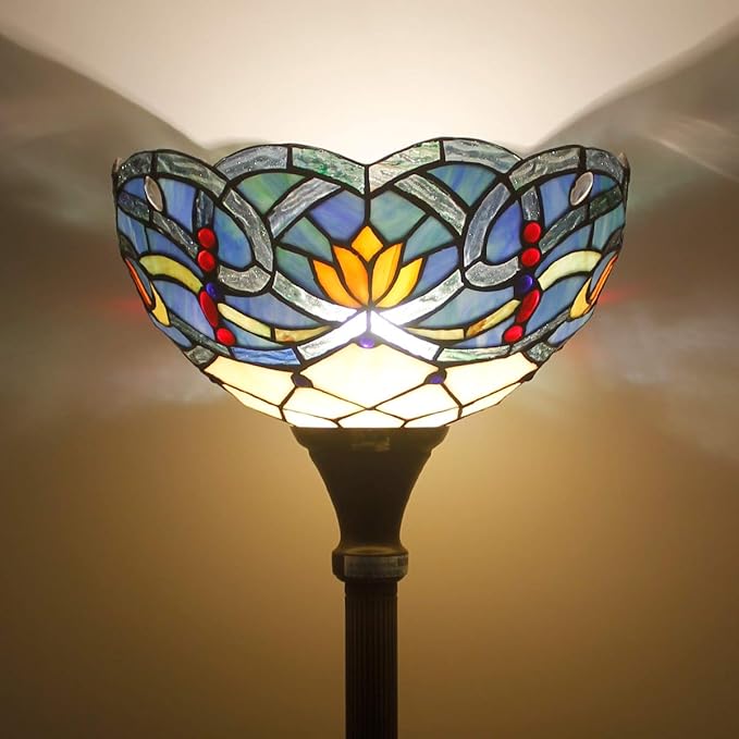 WERFACTORY Tiffany Floor Lamp Blue Lotus Flower Stained Glass Light 12X12X66 Inches Pole Torchiere Standing Corner Torch Uplight Decor Bedroom Living Room Home Office S220 Series - LeafyLoom