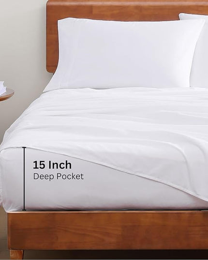 LANE LINEN 100% Organic Cotton Twin Sheets Set, 3Pc Twin Bed Sheets, Breathable Cotton Sheets Twin size Bed Set, Dorm Room Essentials with 15" Twin Deep Pocket Fitted Sheet - White Sheets - LeafyLoom