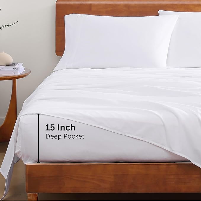 LANE LINEN 100% Organic Cotton Twin Sheets Set, 3Pc Twin Bed Sheets, Breathable Cotton Sheets Twin size Bed Set, Dorm Room Essentials with 15" Twin Deep Pocket Fitted Sheet - White Sheets - LeafyLoom