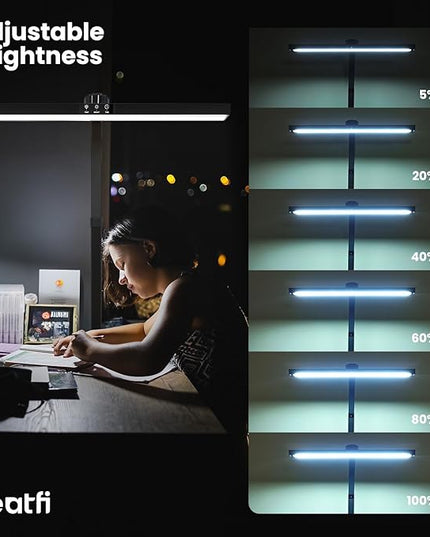 Neatfi LED Desk Lamp with 6-Level Brightness, Adjustable 2700~6500K Color Temperature, 14” Wide, Timer & Charging Port - Touch & Knob Control, 800 Lumens, Dimmable LED Table Light, 24W, CRI 85 (Black) - LeafyLoom