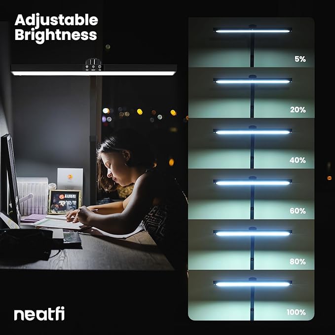 Neatfi LED Desk Lamp with 6-Level Brightness, Adjustable 2700~6500K Color Temperature, 14” Wide, Timer & Charging Port - Touch & Knob Control, 800 Lumens, Dimmable LED Table Light, 24W, CRI 85 (Black) - LeafyLoom
