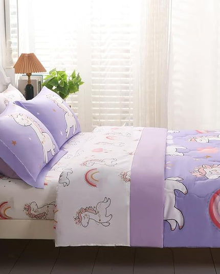 Wajade Kids Purple Unicorn Comforter Set Bed in A Bag Full Size 7 Piece Cute Unicorn Rainbow Clouds Bedding Set for Girls (1 Comforter, 1 Flat Sheet, 1 Fitted Sheet, 2 Pillowcase and 2 Pillow Sham) - LeafyLoom