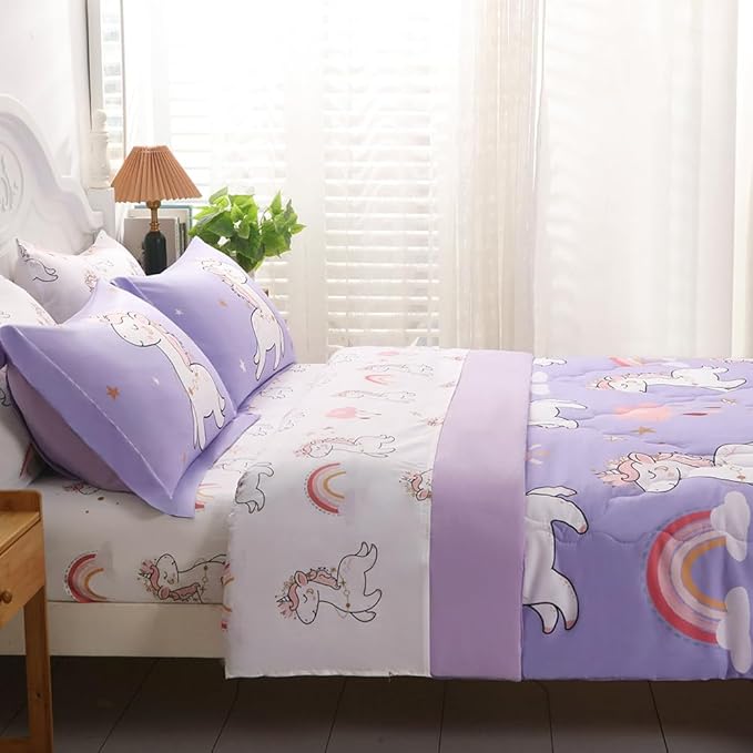 Wajade Kids Purple Unicorn Comforter Set Bed in A Bag Full Size 7 Piece Cute Unicorn Rainbow Clouds Bedding Set for Girls (1 Comforter, 1 Flat Sheet, 1 Fitted Sheet, 2 Pillowcase and 2 Pillow Sham) - LeafyLoom