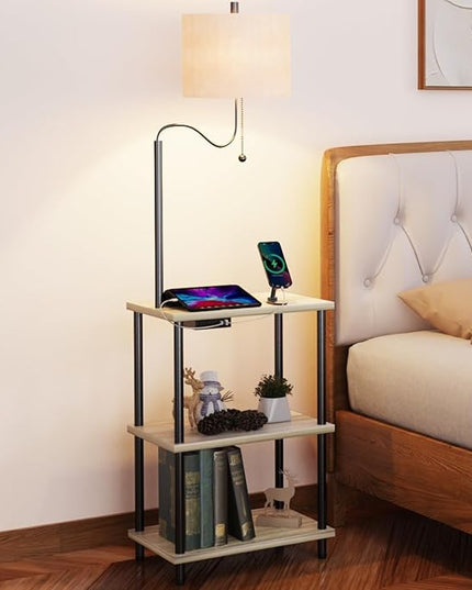 Floor Lamp with Table for Living Room End Table with Lamp Attached USB Type-C Bedside Reading Table with Charging Station Small Nightstand Table Floor Lamp for Bedroom(Bulb Included) - LeafyLoom