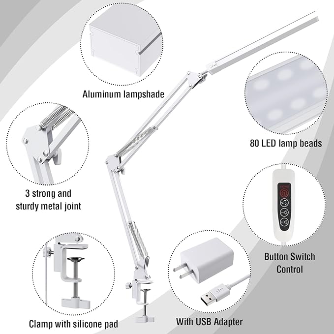 LED Desk Lamp with Clamp and Round Base,Eye Caring Table Lamp with Swing Arm,3 Color Modes 10 Brightness Levels,Memory Function,Desk Light for Home Office with USB Adapter White-14W - LeafyLoom