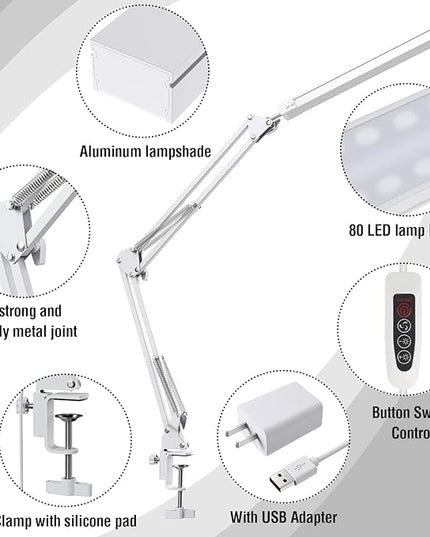 LED Desk Lamp, Swing Arm Desk Light with Clamp, 3 Lighting 10 Brightness Eye-caring Modes, reading desk lamps for home office 360°Spin with USB Adapter & Memory Function white-14W - LeafyLoom
