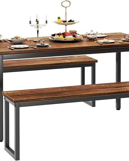 soges Kitchen Table Set with 2 Benches, Bench Dining Table Set for 4, 3 Piece Dining Room Table and Long Benches, Breakfast Table Coffee Table Set, Industrial Style Wooden Kitchen and Dining Room Set - LeafyLoom