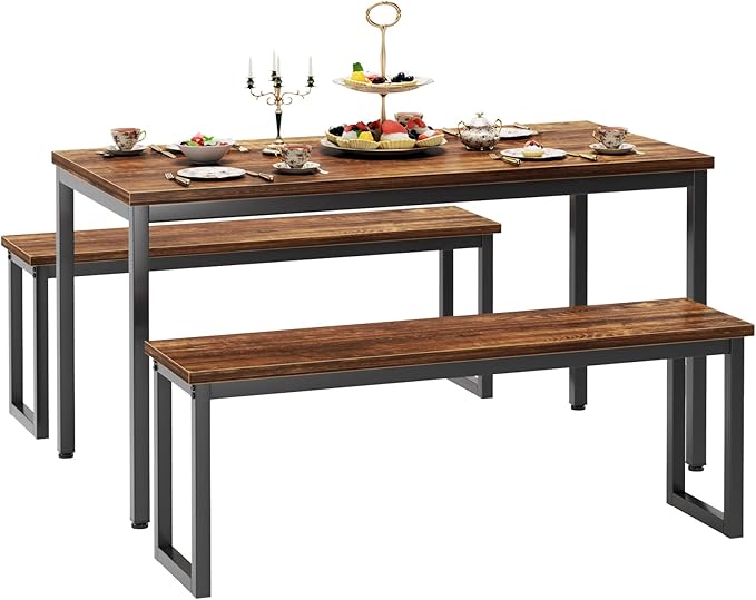 soges Kitchen Table Set with 2 Benches, Bench Dining Table Set for 4, 3 Piece Dining Room Table and Long Benches, Breakfast Table Coffee Table Set, Industrial Style Wooden Kitchen and Dining Room Set - LeafyLoom