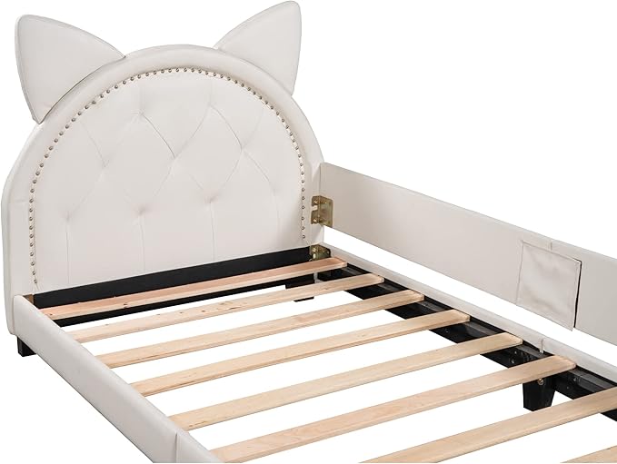 Twin Size Upholstered Daybed, Wooden Low Platform Bed Frame with Carton Ears Shaped Headboard, Rails for Kids Girls Boys, White - LeafyLoom