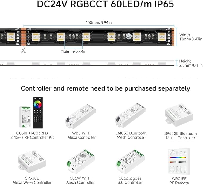 BTF-LIGHTING RGBCCT 5 Colors in 1 LED 5050SMD RGBWW RGB+Dimmable Tunable Color Temperature 2700K-6500K 16.4ft 60LEDs/m 300LEDs DC24V Multi-Colored Lights IP65 for Decoration(No Adapter or Controller) BTF-LIGHTING