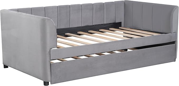 Twin Size, Upholstered Daybeds with Ergonomic Design Backrest and Trundle, Velvet Sofa Day Bed Frame for Kids Teens Adults, Space-Saving, Easy Assembly, Gray - LeafyLoom