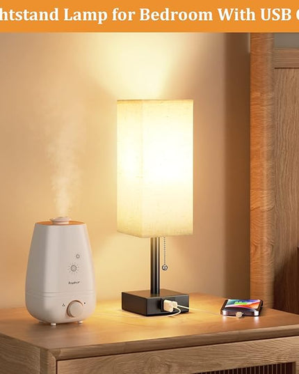 Bedside Table Lamp with 3 Color Temperatures - 3000/4000/5000K Small Lamp with USB C+A Ports, Nightstand Lamp with 3 Color Modes by Pull Chain, Bedroom Lamp for Living Read Work(LED Bulb Included) - LeafyLoom