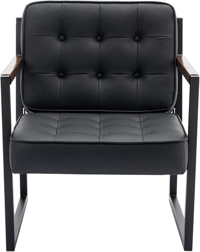 COLAMY Modern Black Leather Accent Chair, Comfy Living Room Chairs, Faux Leather Reception Armchair with Metal Legs for Living Room Bedroom Reception Waiting Room, Black - LeafyLoom