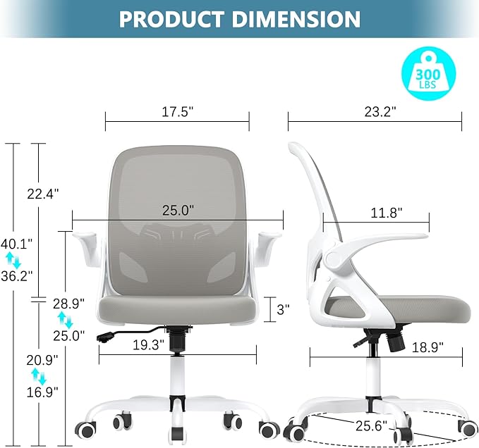 Office Desk Chair with Lumbar Support Ergonomic Mesh Office Chair with Wheels and Flip-up Armrests Adjustable Height Swivel Computer Chair for Home and Office (Grey) - LeafyLoom