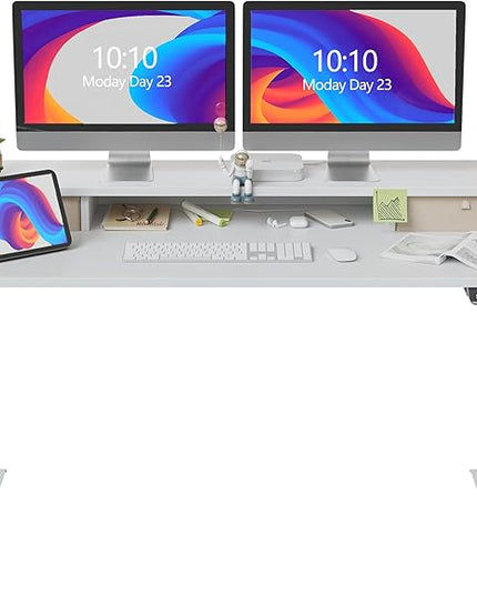 FEZIBO 55 x 24 Inch Height Adjustable Electric Standing Desk with Double Drawer, Stand Up Desk with Storage Shelf, Sit Stand Desk, White - LeafyLoom