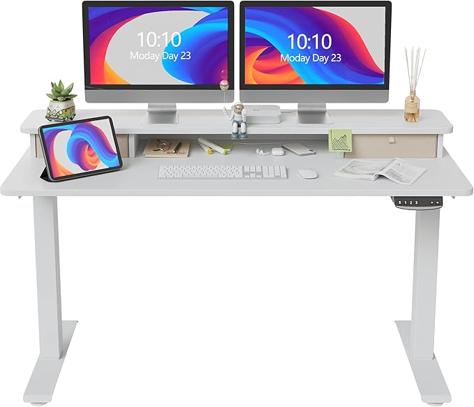 FEZIBO 55 x 24 Inch Height Adjustable Electric Standing Desk with Double Drawer, Stand Up Desk with Storage Shelf, Sit Stand Desk, White - LeafyLoom