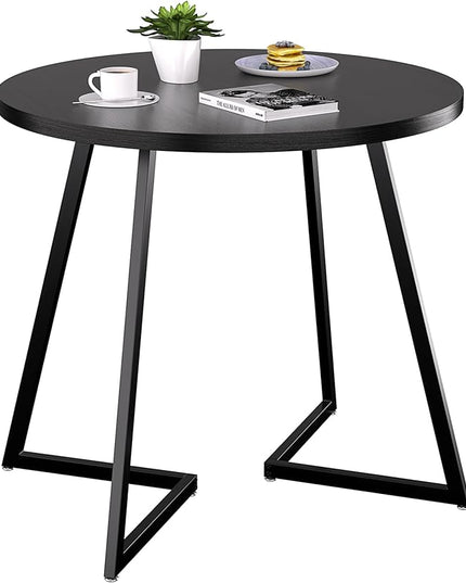 VECELO Round Dining Table with Steel Frame for 2-4 People, Space Saving for Home, Kitchen, Apartment, Black - LeafyLoom