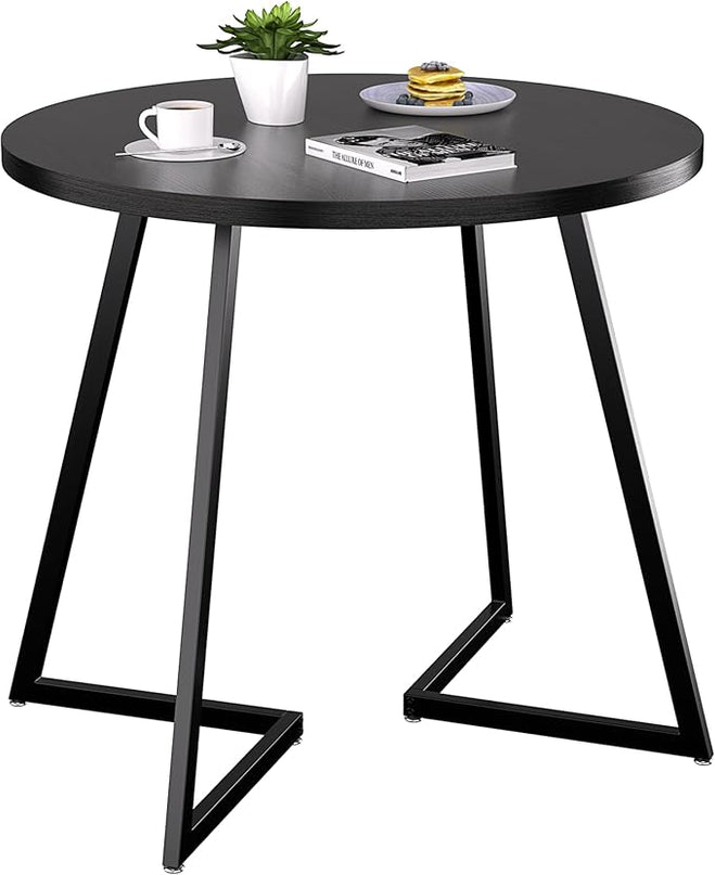 VECELO Round Dining Table with Steel Frame for 2-4 People, Space Saving for Home, Kitchen, Apartment, Black - LeafyLoom