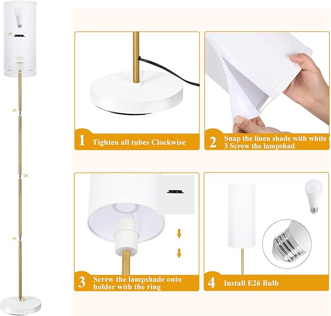 BoostArea Floor Lamp for Living Room with 3 Color Temperatures Bulb, Modern Floor Lamps, Classic Tall Lamp for Office, Standing Lamps for Bedroom, Kids Room, Study(9W LED Bulb, White Linen Shade) - LeafyLoom