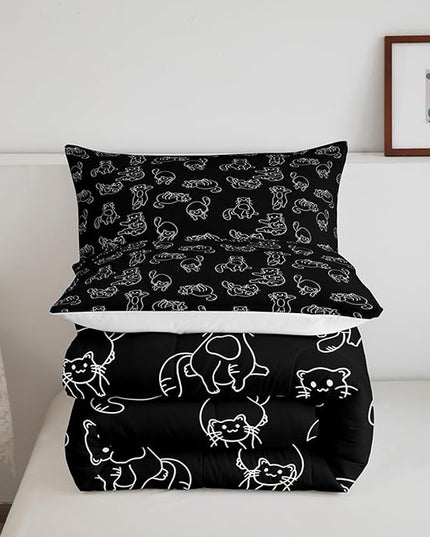 Cartoon Cat Bed Sheet Set Cute Pet Cats Kids Comforter Set Animal Pattern Printed Bedding Set Set for Boys Room Decor Kitten Print Bed Cover Full Size with 3 Pillow Case - LeafyLoom
