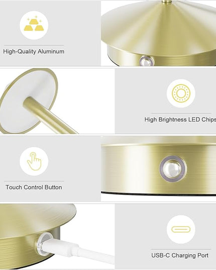 2-Pack 6000mAh Rechargeable LED Table Lamps,Outdoor Cordless Table Lamp Waterproof Portable, 3-Color Stepless Dimmable Modern Lamp for Restaurant/Bedroom(Gold) - LeafyLoom