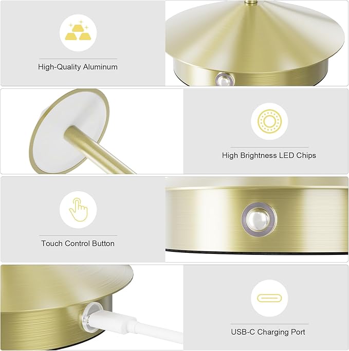 2-Pack 6000mAh Rechargeable LED Table Lamps,Outdoor Cordless Table Lamp Waterproof Portable, 3-Color Stepless Dimmable Modern Lamp for Restaurant/Bedroom(Gold) - LeafyLoom