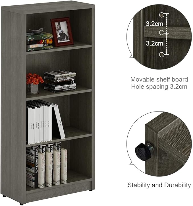 Sunon 4 Shelf Wood Bookcase Freestanding Display Shelf Adjustable Layers Bookshelf for Home Office Library Small Narrow Space (Grey, 4-Layers) - LeafyLoom