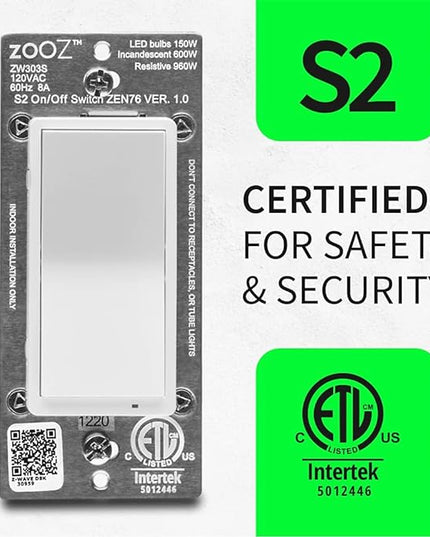 Zooz 800 Series Z-Wave Long Range S2 On Off Switch ZEN76 800LR, White | Simple Direct 3-Way and 4-Way Solution (Works with Regular Switches, No Aux Switch Needed) | Z-Wave Hub Required ZOOZ