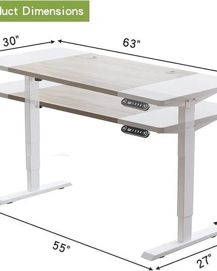 Radlove Electric Height Adjustable Standing Desk, 63x 30 Inches Stand Up Desk Workstation, Splice Board Home Office Computer Standing Table Ergonomic Desk (White+ Oak, 63x30'') - LeafyLoom