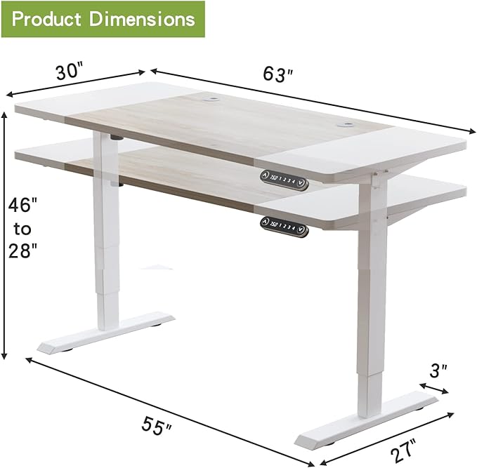 Radlove Electric Height Adjustable Standing Desk, 63x 30 Inches Stand Up Desk Workstation, Splice Board Home Office Computer Standing Table Ergonomic Desk (White+ Oak, 63x30'') - LeafyLoom