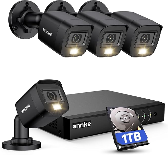 ANNKE 8CH H.265+ 3K Lite Wired Security Camera System with AI Human/Vehicle Detection, 4 x 1920TVL 2MP CCTV IP67 Cameras with Smart Dual Light for Outdoor Use, Color Night Vision, 1TB Hard Drive ANNKE